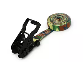 Toutes les sangles 25mm Sangle d’arrimage  - 800kg - 25mm - en 1 pièce - Tendeur à cliquet - Vert Armée + étiquette personnalisée